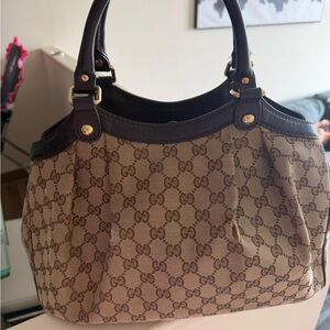 Gucci Beige Brown GG Canvas Shoulder Bag with Dark Brown Trim